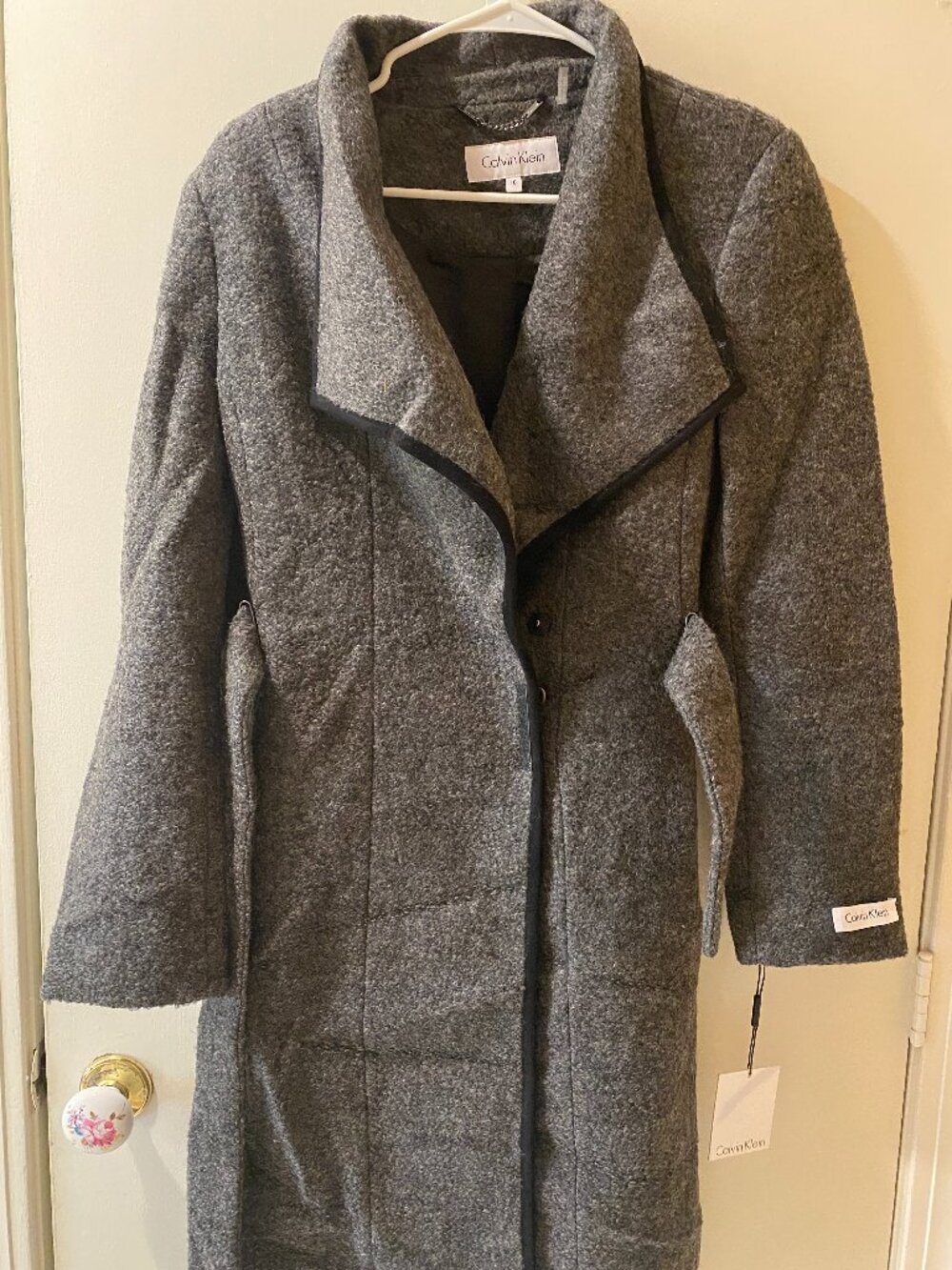 NWT Calvin Klein Asymmetrical Gray Wool Blend Coat Black Trim Snap Front Belted